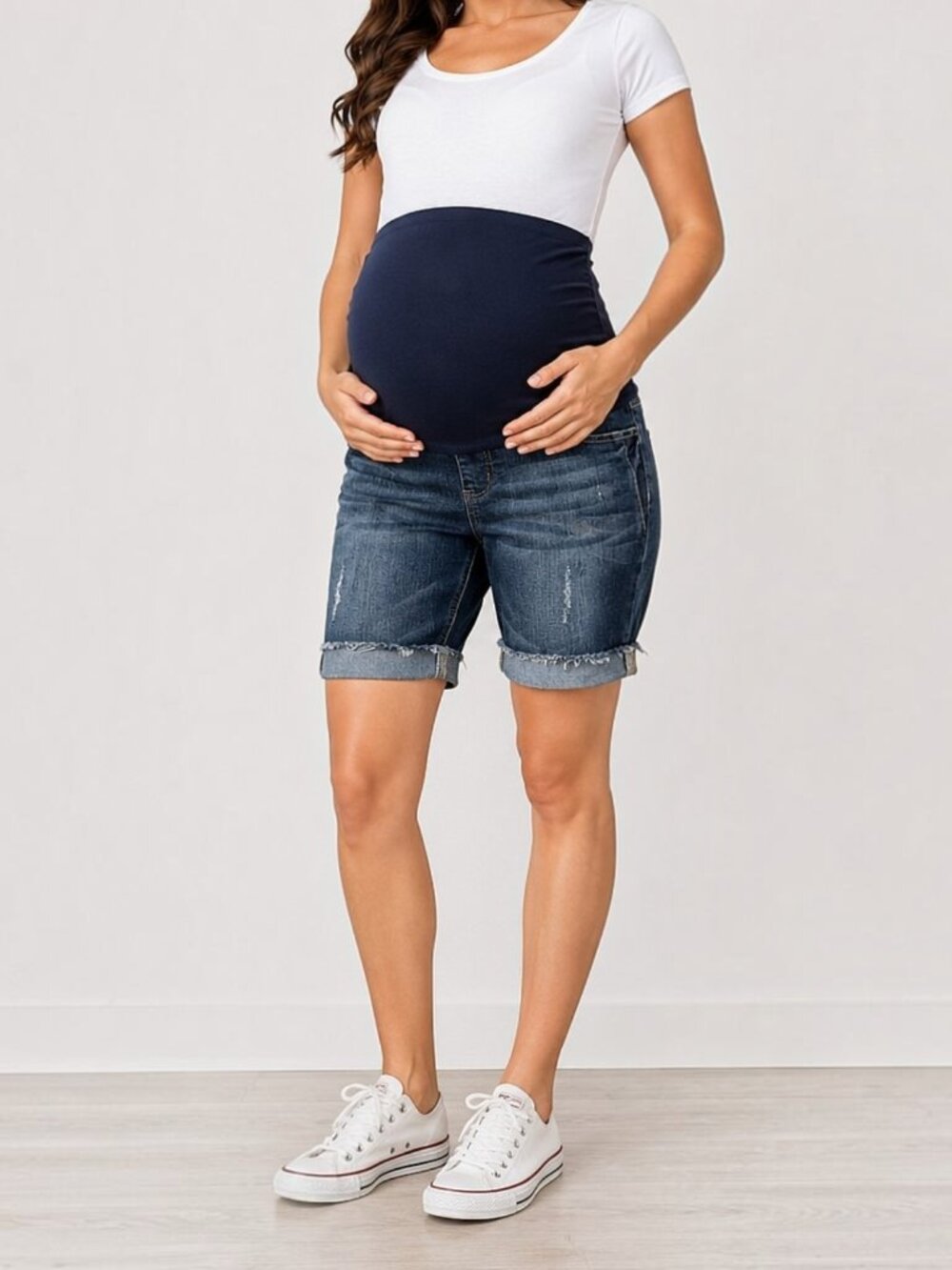 Haute Mama Pregnancy Distressed Maternity Denim Bermuda Shorts M